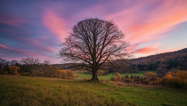 Tree on a meadow under the sky, showcasing the vibrant colors of autumn, seasonal change