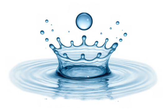 Water drop creating splash crown and ripples on transparent background symbolizing purity and freshness