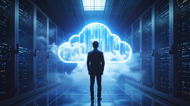 A Person Contemplating Cloud Computing within a Futuristic Server Room Environment