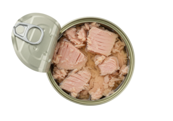 Isolated open can of tuna fish ready to eat or cooking, canned food in oil or brine