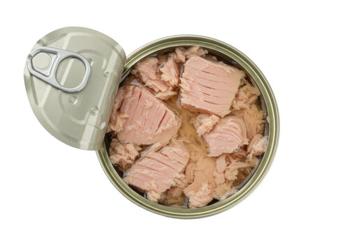 Isolated open can of tuna fish ready to eat or cooking, canned food in oil or brine