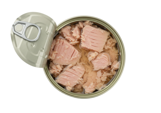 Isolated open can of tuna fish ready to eat or cooking, canned food in oil or brine
