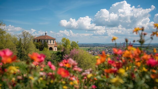 Loreta Monastery surrounded by spring flowers and trees, seasonal change