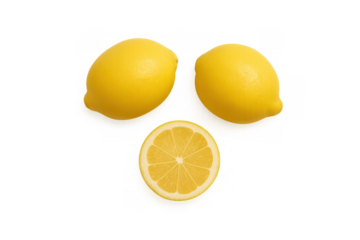 Fresh yellow citrus fruits with a transparent background. Two whole lemons and one half lemon slice rich in vitamin c