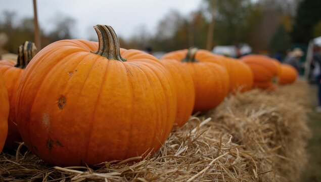 Close-up view of fresh ripe orange pumpkins resting on straw at an autumn agricultural fair, seasonal harvest celebration
