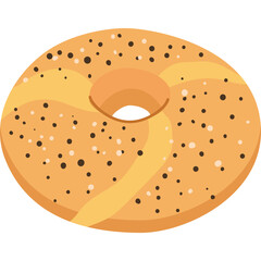 Round golden brown bagel with yellow stripes and dark seasoning on a clean transparent background