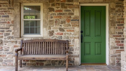 Weathered wooden bench positioned by a stone brick wall, showcasing rustic charm, ideal for outdoor relaxation