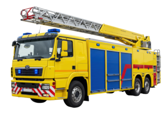 Isolated yellow fire truck with extended ladder viewed from the side in daylight conditions