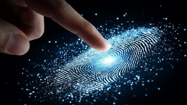 Finger touching glowing fingerprint on dark surface for security