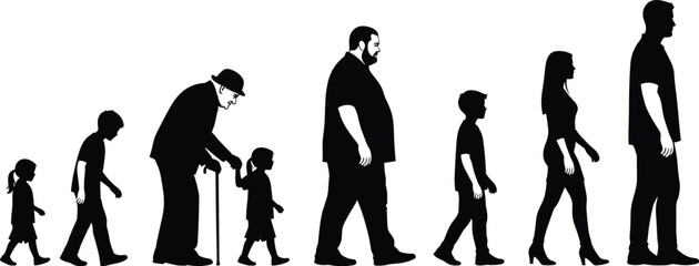 Illustration of silhouettes of people in different stages of life, from baby to child to adult to senior