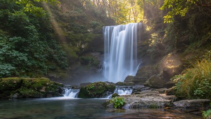 Obraz premium Long exposure of a waterfall flowing over stones in a forest area, seasonal change