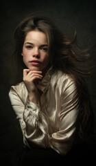 Fototapeta premium Young woman with flowing hair in soft lighting and an elegant blouse