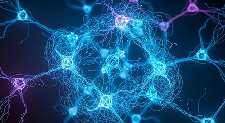 Abstract neural network visualization with glowing blue and purple connections, representing artificial intelligence and complex data processing in a digital space