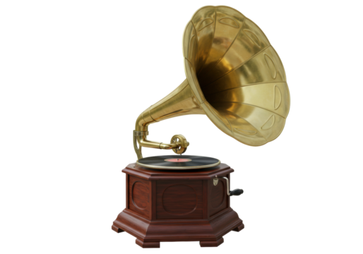 Isolated antique phonograph gramophone vintage music player mechanical technology item
