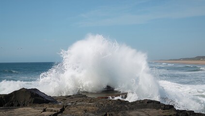 Ocean wave colliding with rocky shore, erosion risk
