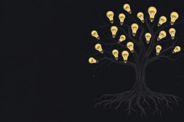 Illuminated ideas tree conceptual infographic on innovation creative growth representation dark background artistic viewpoint knowledge expansion