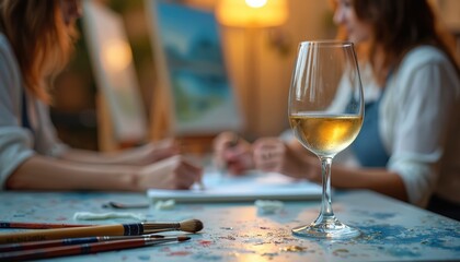 Two women friends paint together in studio. Glass of white wine sits on table with brushes. People enjoy art class, creative hobby in cozy atmosphere.