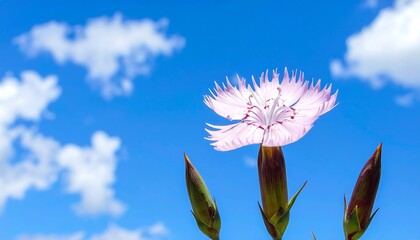 A vibrant flower blooms against a bright blue sky with fluffy white clouds, springtime