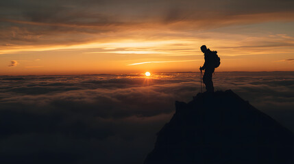 Silhouette of a hiker standing atop a mountain peak, overlooking a sea of clouds at sunset.