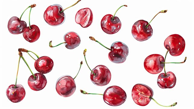 Watercolor composition of fresh cherries on a white background. Juicy berries painted with paints.