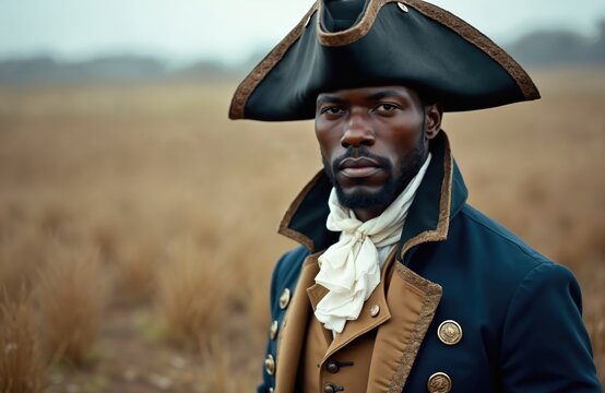 African American man poses in historic military uniform. Wears tricorn hat, navy coat, gold trim, brown vest, white cravat. Stands serious in dry field. Portrait captures historical fashion, rich