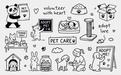 Fototapeta premium Pet adoption illustration set with animals and volunteers for charity posters, donation campaigns, and educational materials, black and white vector