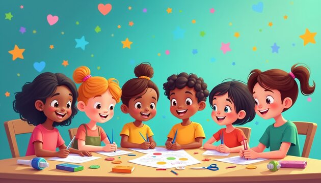 Diverse kids sit at desk, work on school art project with colorful paper, pencils. Children create together. Cartoon illustration for educational materials. Back to school concept. Teamwork concept.
