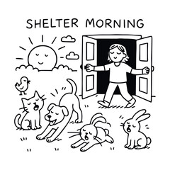 Black-and-white cartoon illustration of cheerful shelter morning with animals, open doors, and smiling sun, vector