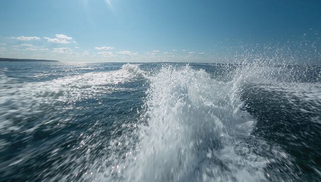 Water splashes in the trail of a moving boat, illustrating the impact of speed on aquatic surfaces