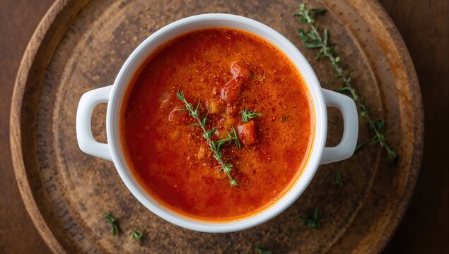 Homemade tomato soup with thyme served hot, fiber-dense choice