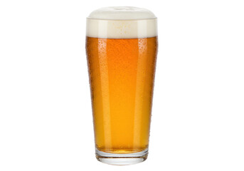 Isolated beer glass with golden lager beer and foam head, served cold and refreshing
