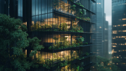 Eco-Friendly High-Rise Building with Green Rooftop at Sunset