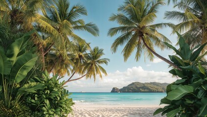 Fototapeta premium Tropical palm trees in a modern setting, suitable for editorial header background