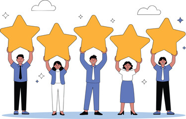 Business Team Holding Five Star Rating Concept. Customer Satisfaction and Positive Review Illustration.