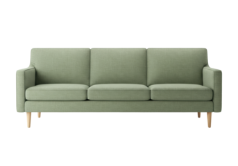 Isolated three-seater sofa in pale green shade for living room or studio apartment design