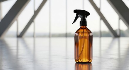 Illustration of amber spray bottle with black trigger sprayer on a wooden surface