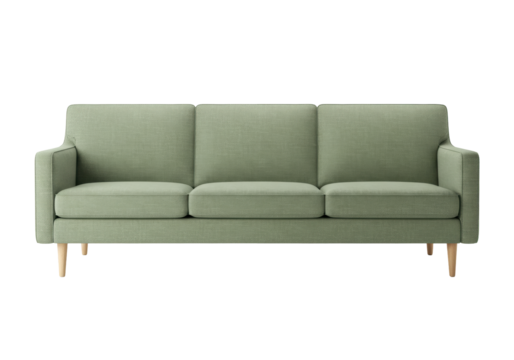 Isolated three-seater sofa in pale green shade for living room or studio apartment design