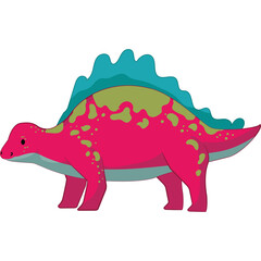 Cute cartoon stegosaurus dinosaur with pink green and blue colors standing on transparent background