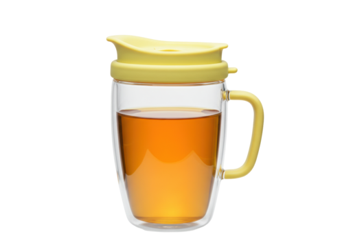 Isolated glass mug with yellow lid holding amber beverage for hot tea, coffee, or drink