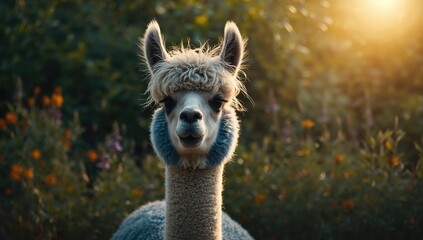 A colorful drawing of a solitary alpaca with wildly messy fur