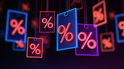 Neon Glowing Discount Percentage Tags Hanging in Dark Space