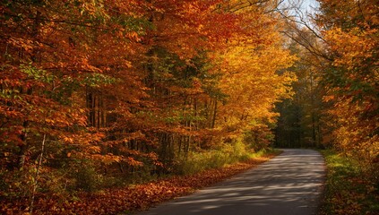 Fototapeta premium Vibrant Orange and Yellow Leaves in a Forest by a Rural Road, Seasonal Change