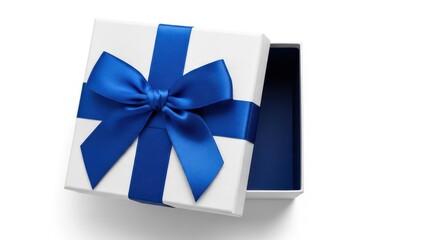 Illustration of open white gift box with blue ribbon
