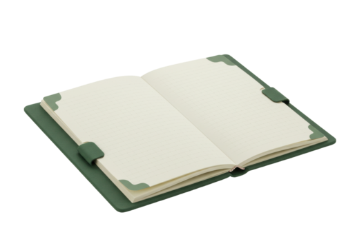 Isolated open book, green cover, blank pages ready for content, simple and minimal style