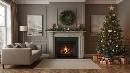 Contemporary home decor idea featuring a warm living space with a decorated tree, wreath, fireplace, sofa, and rug for festive celebrations.