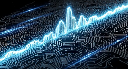 A glowing blue waveform on a circuit board, symbolizing technology, data, and connectivity, with a dark background and dynamic light streaks
