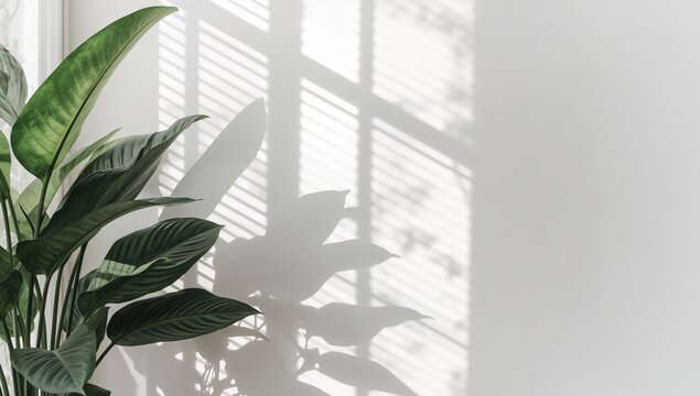 Light filtering through blinds, creating a shadow pattern with plants, functional backdrop for editorial design