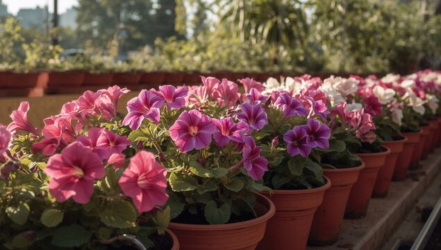Petunia flowers arranged in long rows, enhancing outdoor aesthetics - Powered by Adobe