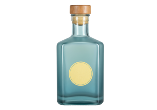 Isolated glass bottle with wooden cap for cosmetic, fragrance, or alcohol product, no background