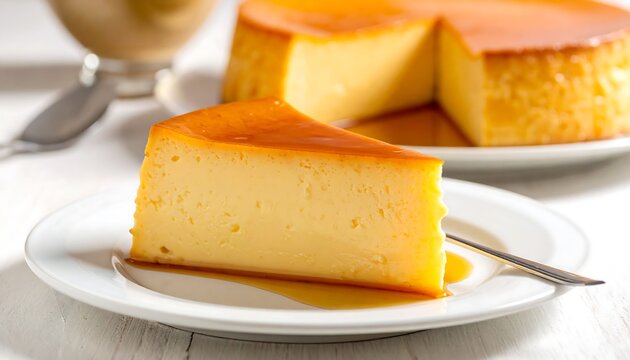 A Delicious Slice of Caramel Flan Dessert Placed on a White Plate for Culinary Delights